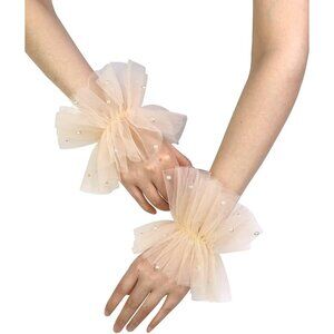 Women's Champagne Short Mesh Tulle Pearl Lace Arm Sleeves Gloves Wedding Party